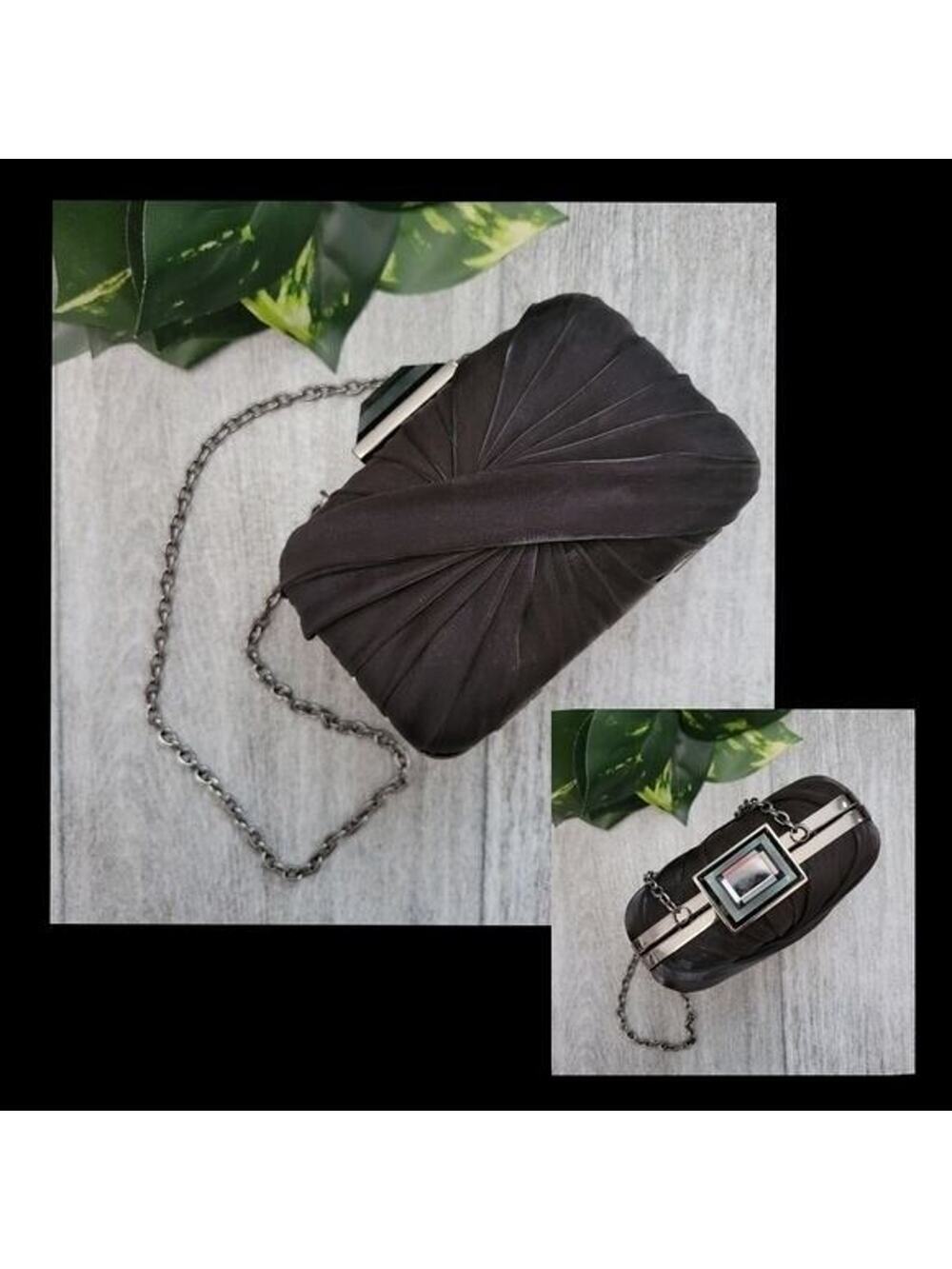 Sondra Roberts Black Satin Chain Strap Mini Shoulder Clutch Bag